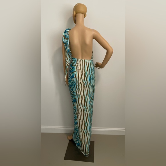 Zebra Print Blue Multicolor One Shoulder Statement Wrap Fashion Dress - Picture 10 of 13